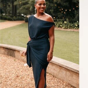 Santiago Metallic Side Tie One-Shoulder Midi Dress